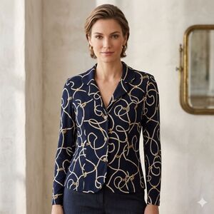 The Travel Collection Americana Slinky Knit Nautical Jacket Navy Chain Print S